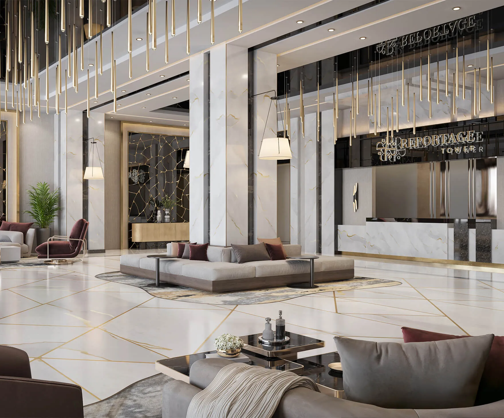 Concierge-style reception interior at Reportage Tower, Victoria Island