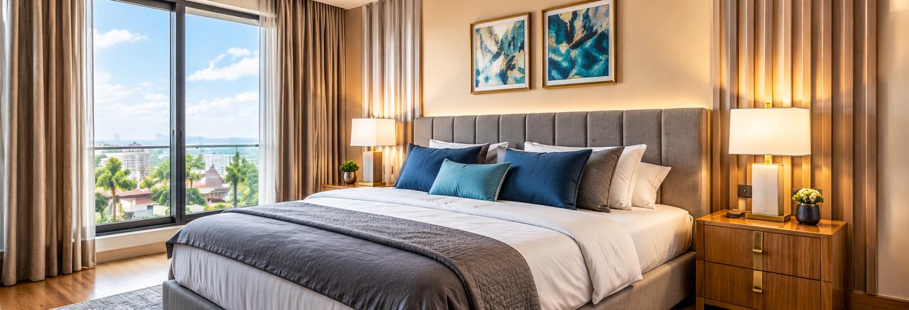 Bedroom interior with city views