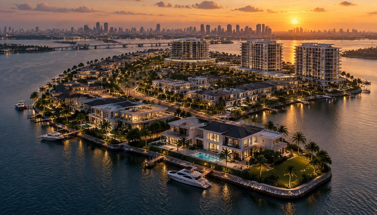 Aerial view of a luxury island residential estate surrounded by lagoon water in Lagos